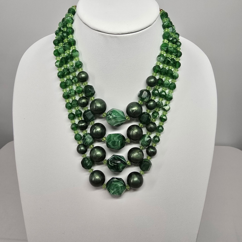 Vintage Green Multi Strand Beaded Statement Necklace Graduated Tiered Marbled - Picture 3 of 10